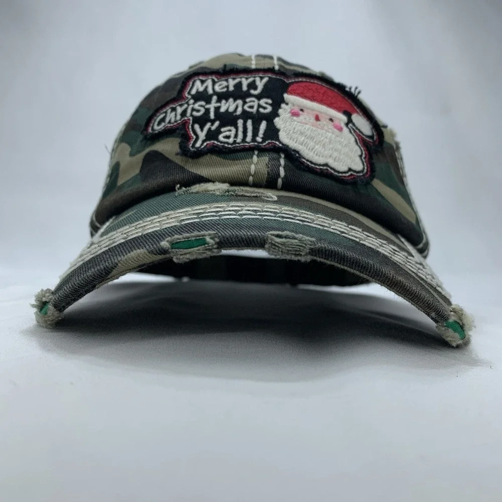 Merry Christmas Y'all! Santa Hat Ladies Camo Adjustable Distressed Baseball Cap